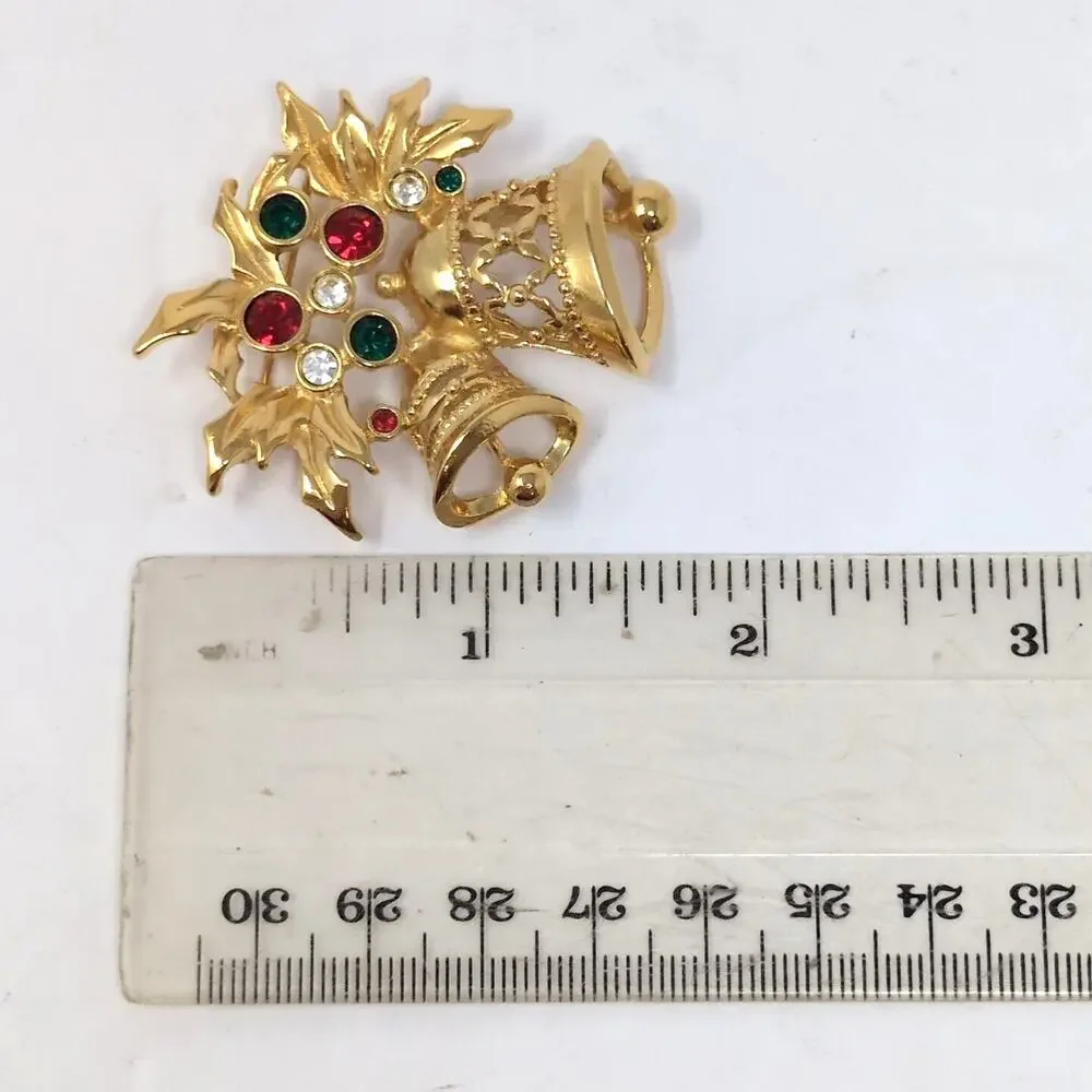 VTG Avon Jewelry Christmas Brooch Bells Gold Tone Red Green‎ Clear Rhinestones
